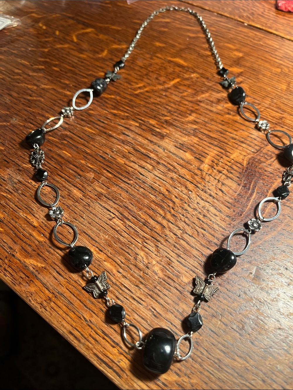 Black Beaded Butterfly Necklace with Silver Accents - Women Jewelry